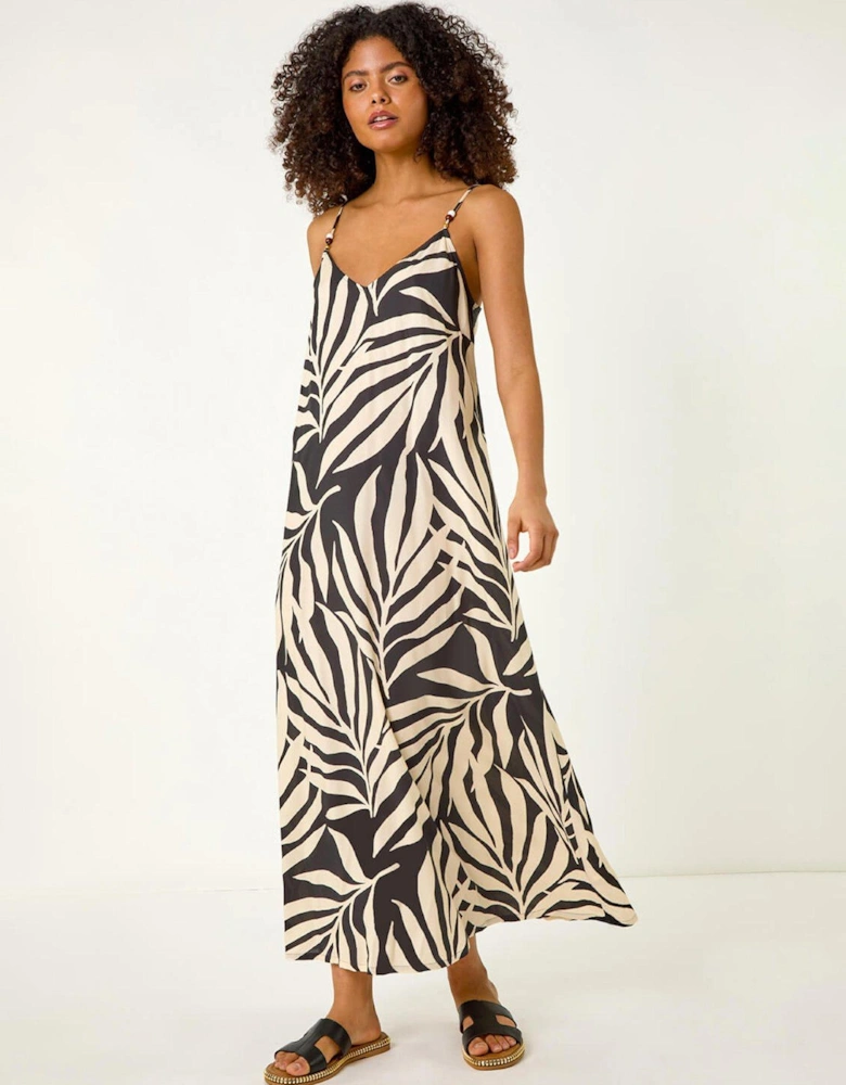 Mono Leaf Print Maxi Dress - Black