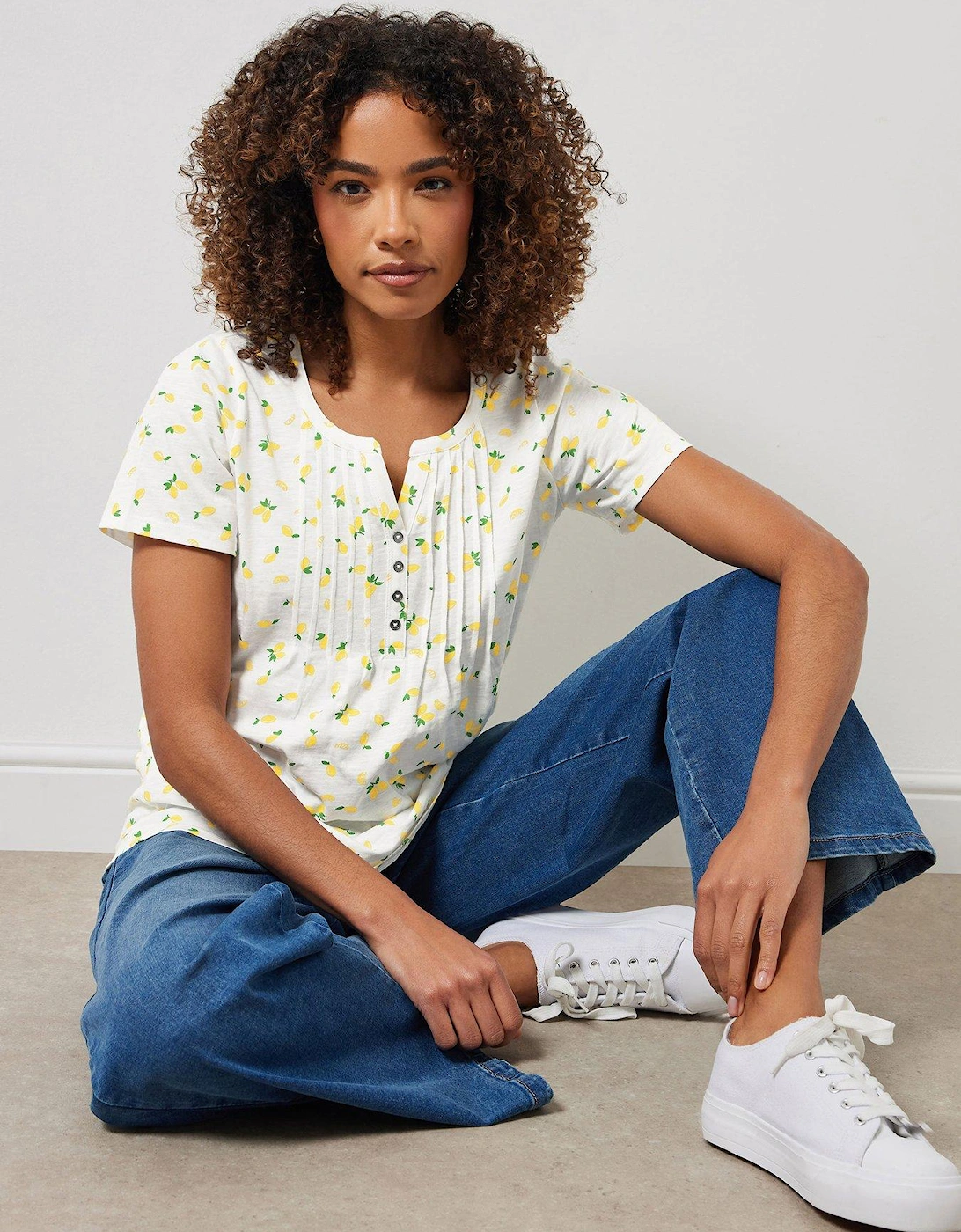 Short Sleeve Cotton Henley Top - White/Yellow, 2 of 1