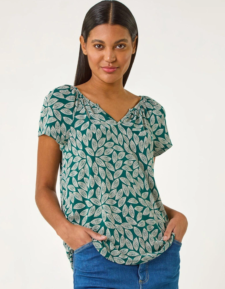 Textured Leaf Print Stretch Top - Teal