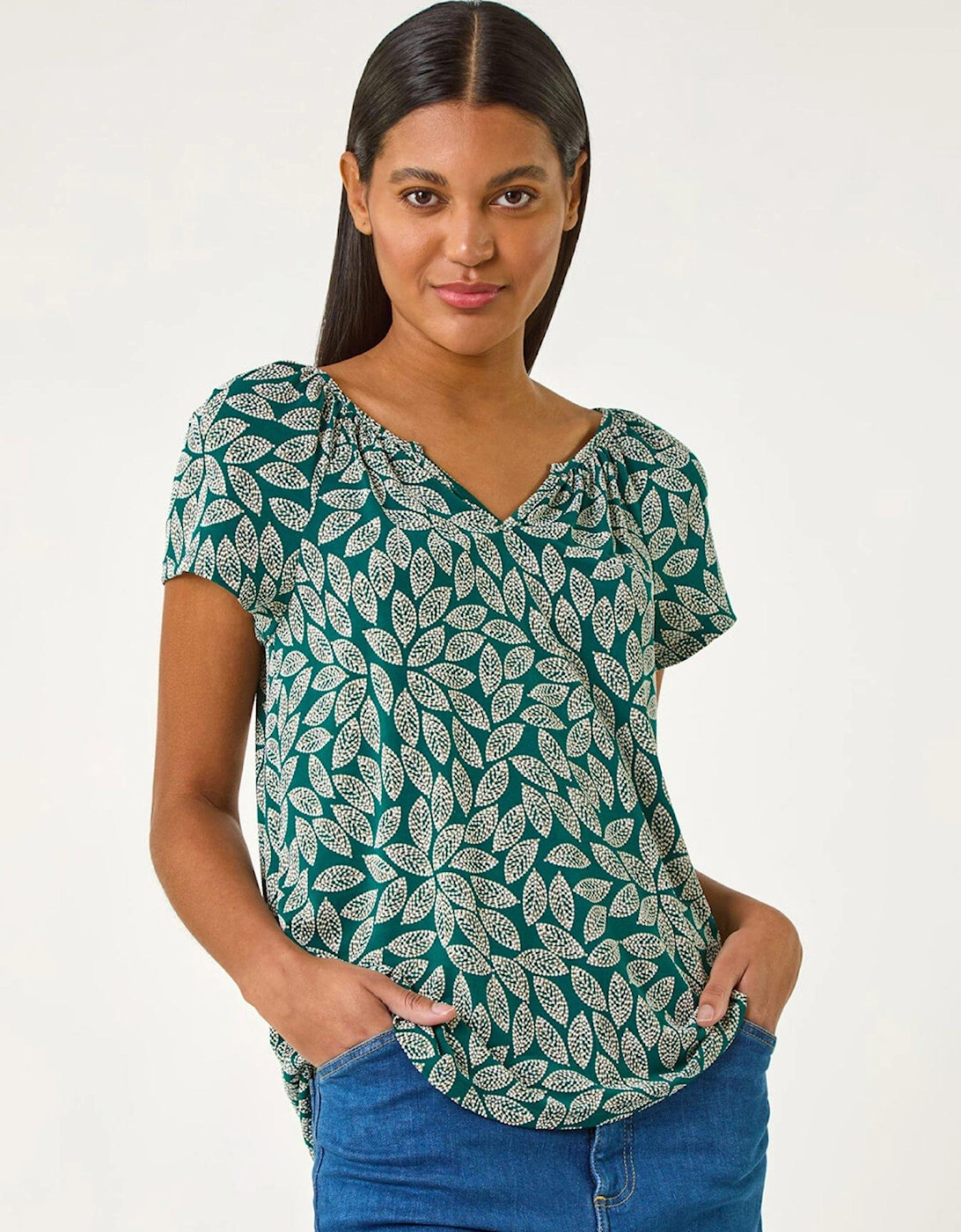 Textured Leaf Print Stretch Top - Teal, 2 of 1