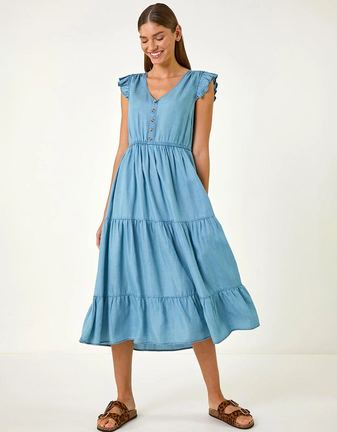 Tiered Frill Sleeve Midi Dress - Light Denim, 2 of 1