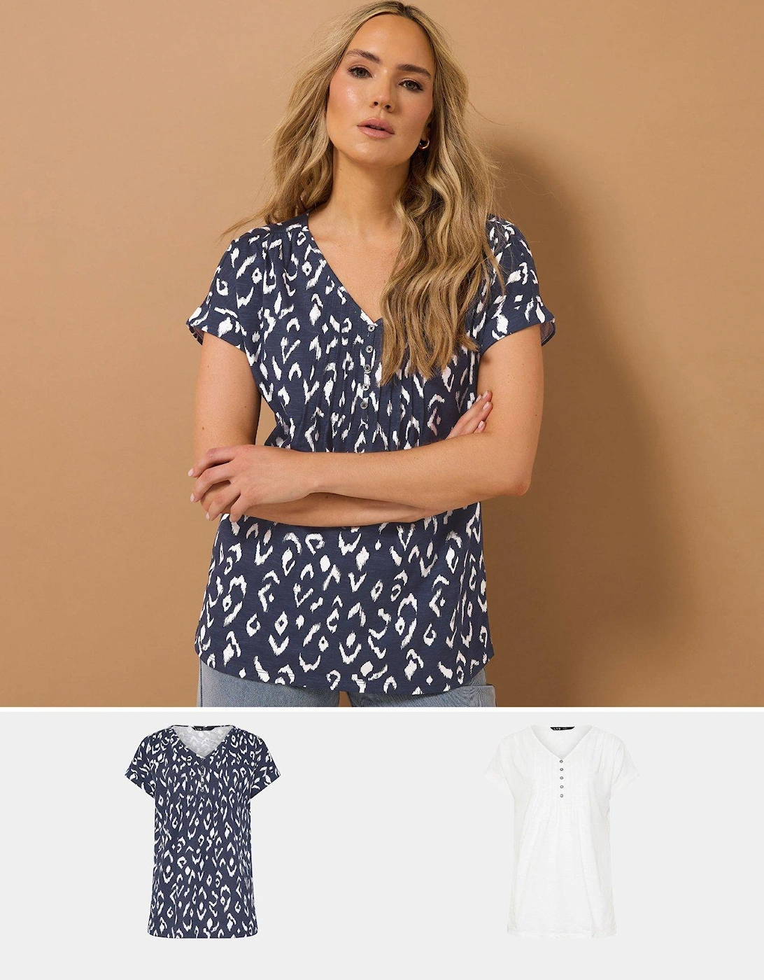 Tall 2 Pack Short Sleeve Pintuck Henley Top, 2 of 1