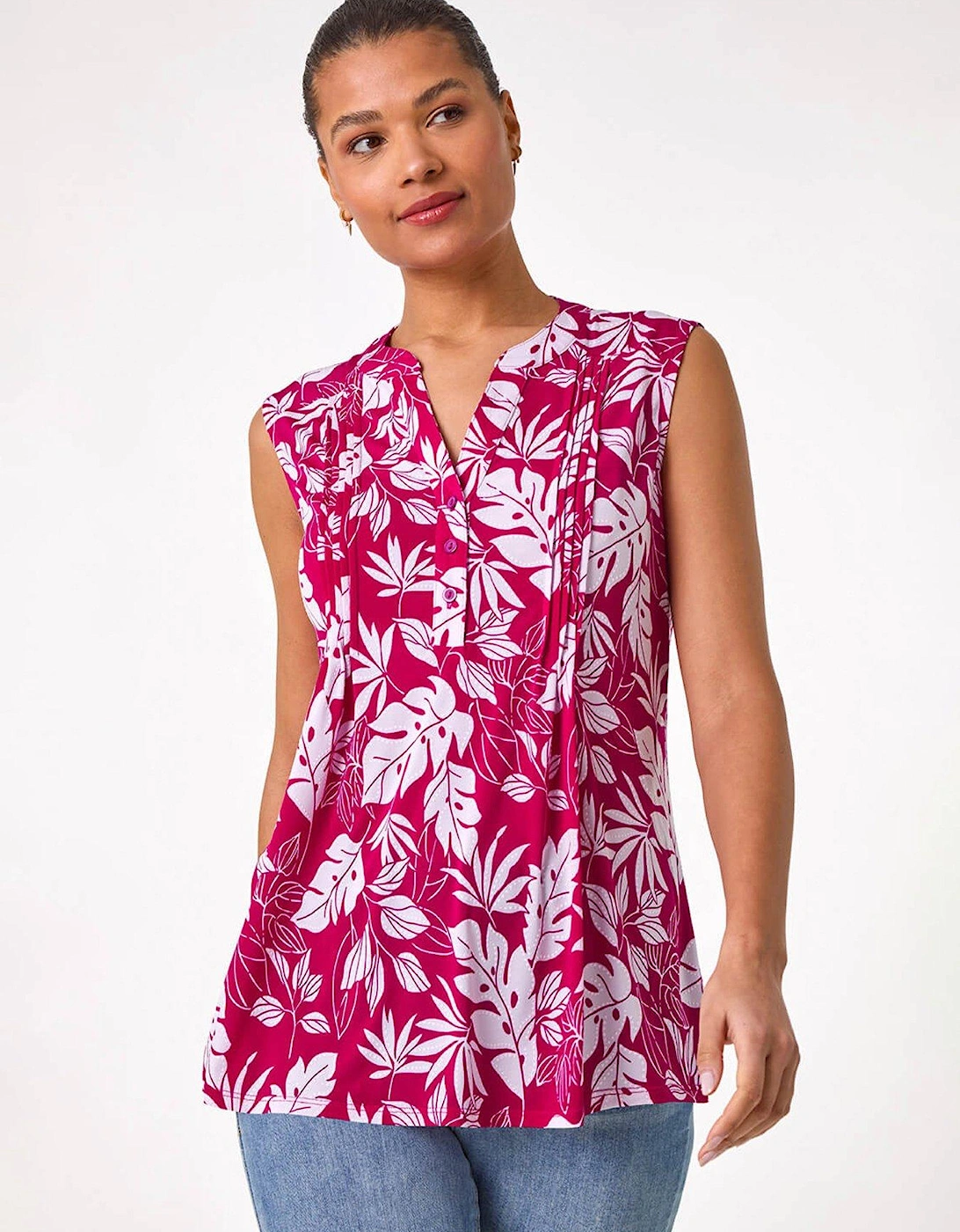 Textured Leaf Print Vest Top - Pink, 2 of 1