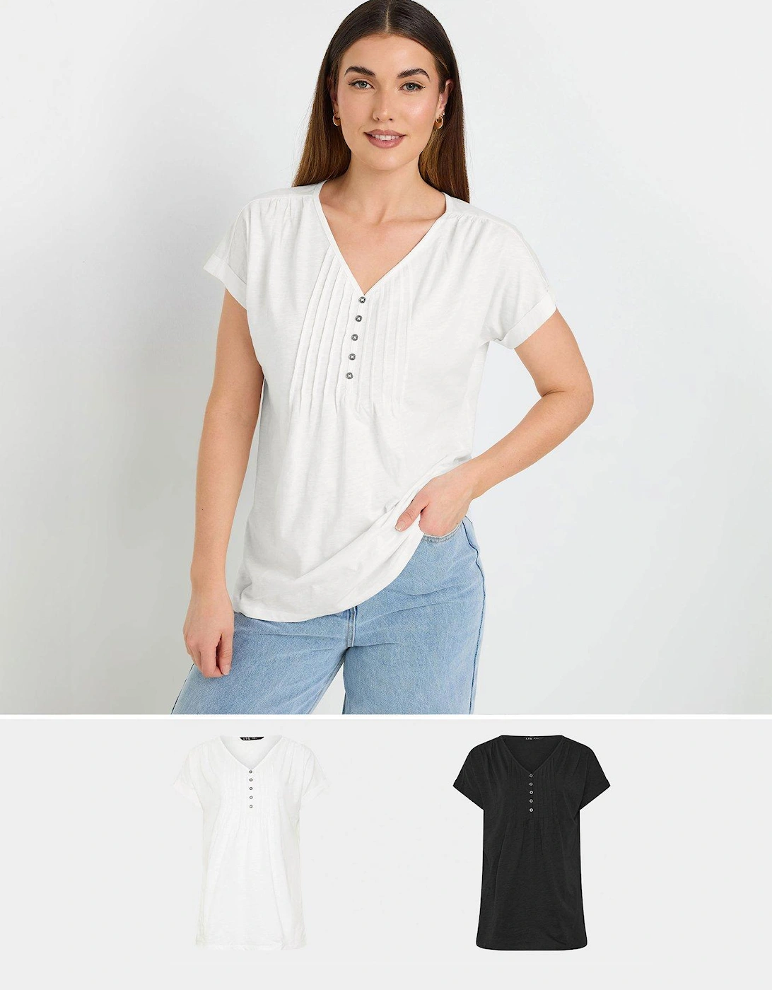 Tall 2 Pack Short Sleeve Pintuck Henley Top, 2 of 1
