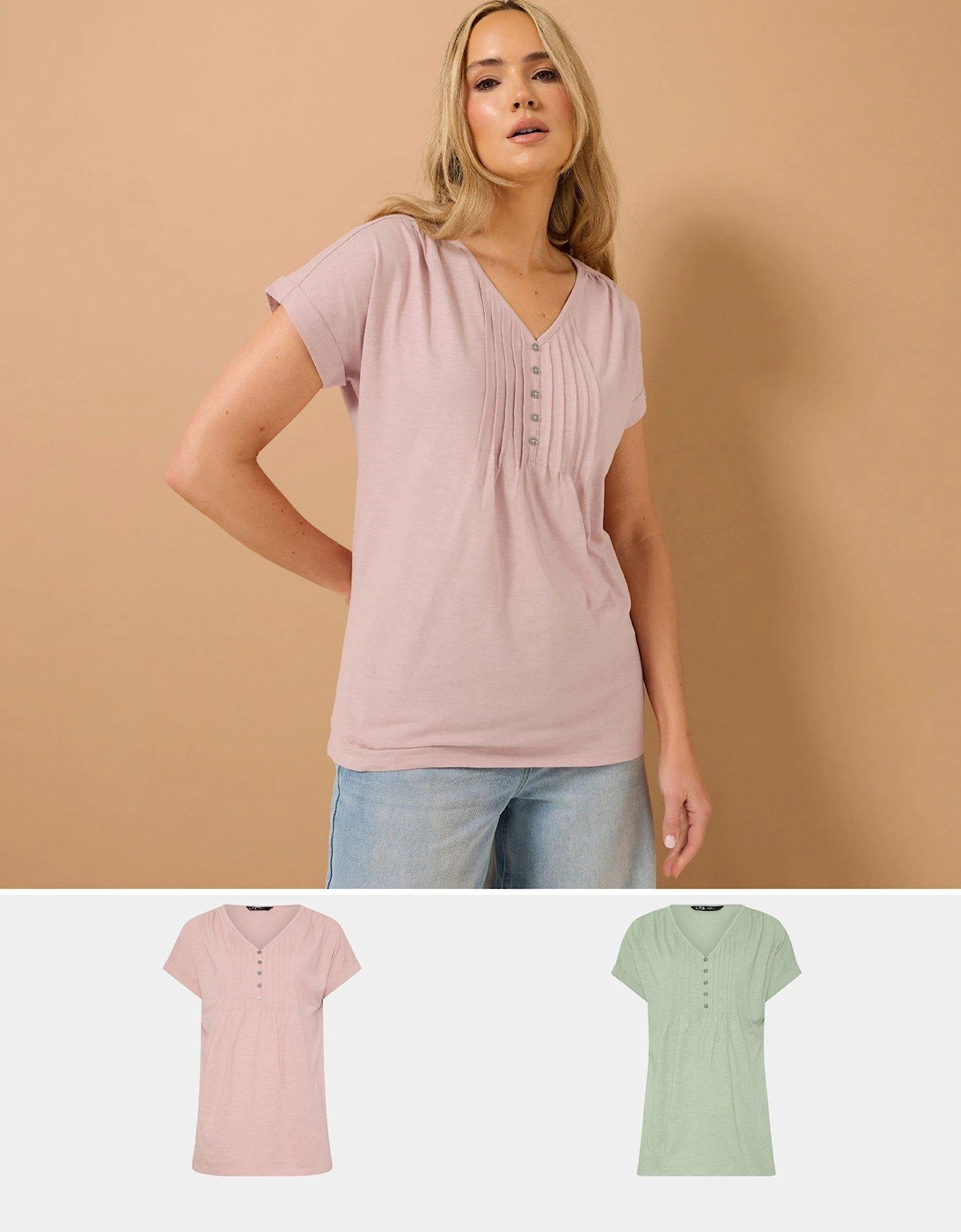 Tall 2 Pack Short Sleeve Pintuck Henley Top, 2 of 1