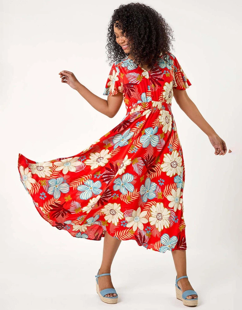 Petite Floral Print Shirred Midi Dress