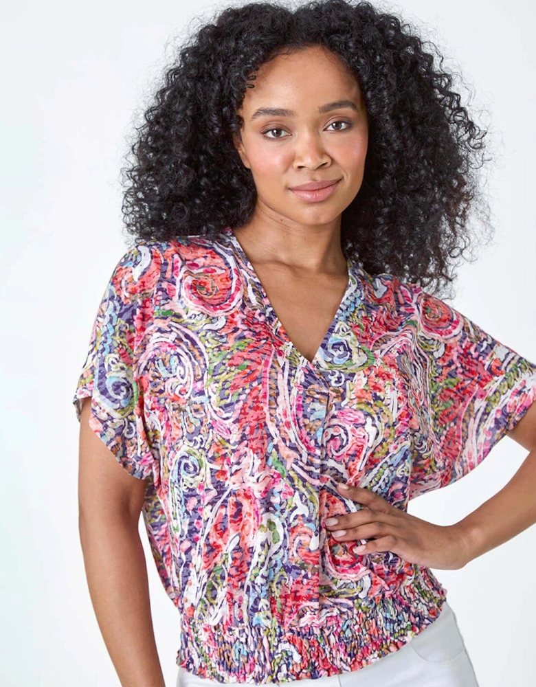 Petite Paisley Shirred Hem Stretch Top
