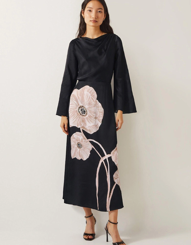 Molly Floral Print Satin Dress - Black