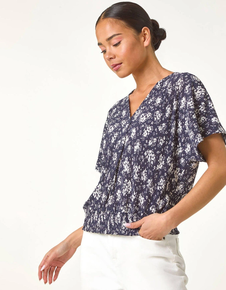 Petite Floral Print Crinkle Blouson Top - Navy