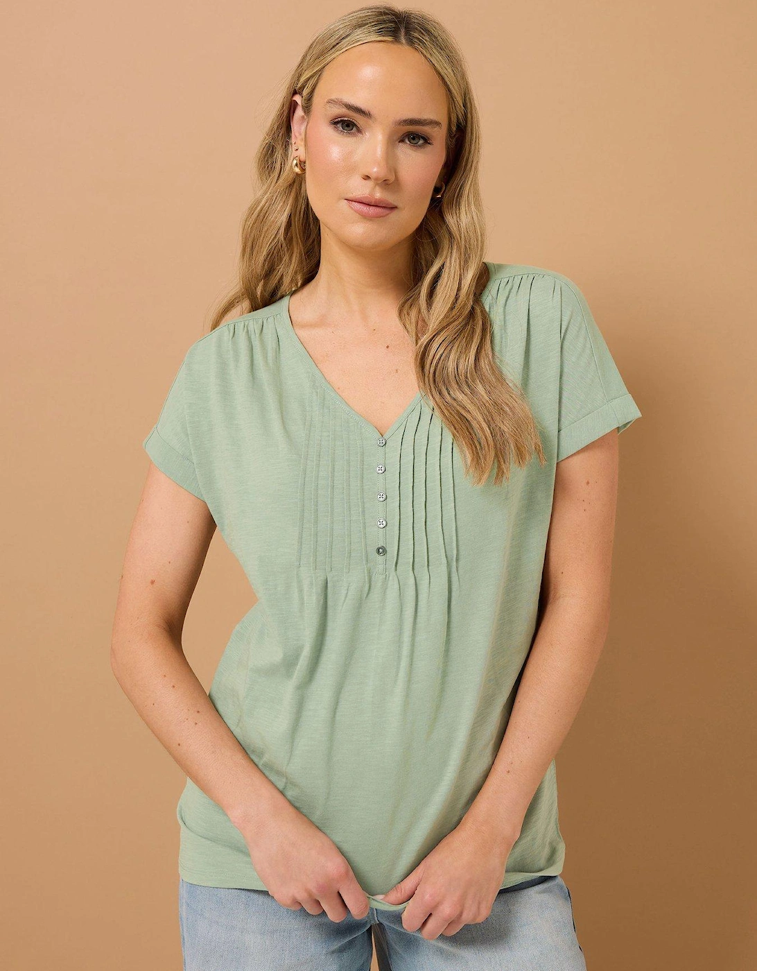 Tall Short Sleeve Pintuck Henley Top, 2 of 1