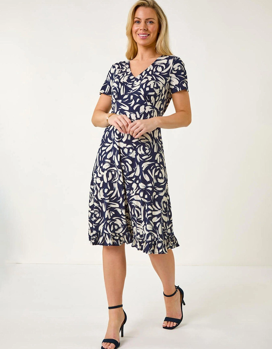 Petite Abstract Print V-neck Frill Dress - Navy, 2 of 1