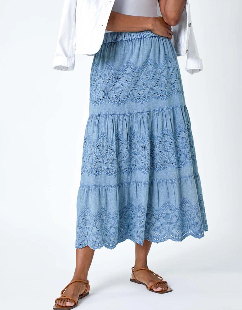 Broderie Elastic Waist A Line Tiered Midi Skirt