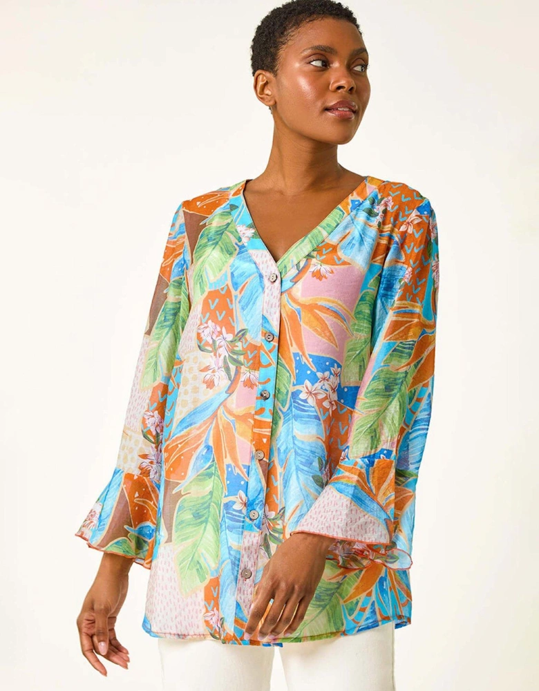 Tropical Print Frill Sleeve Top