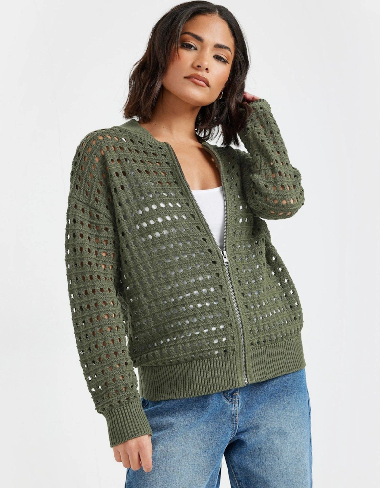 Petite Crochet Zip Bomber Jacket - Green