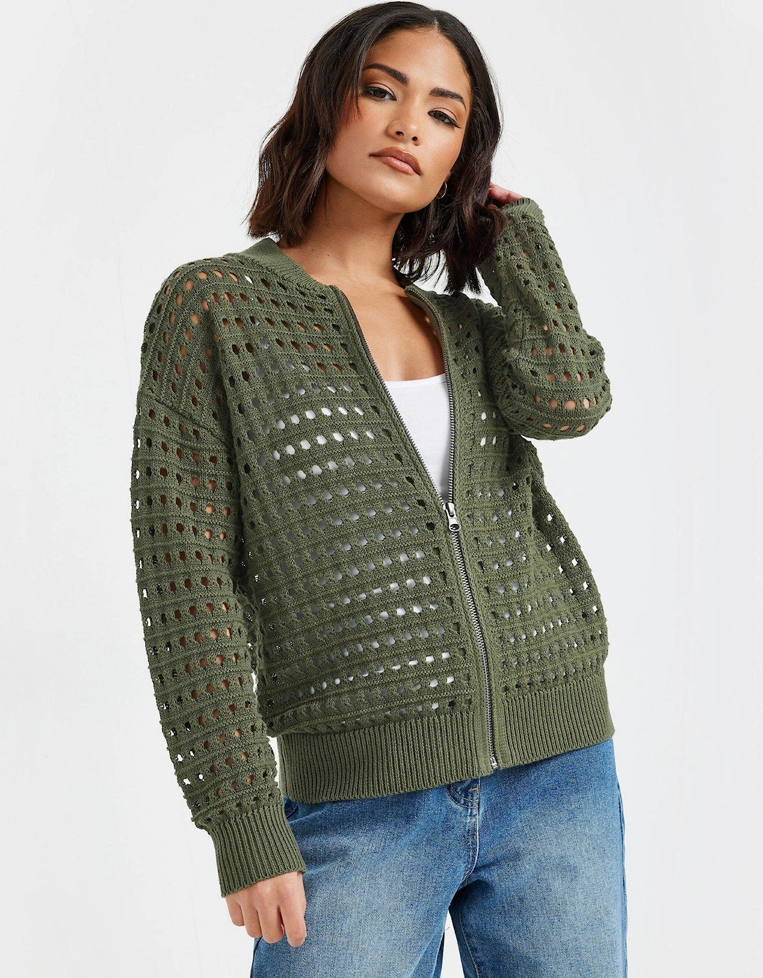 Petite Crochet Zip Bomber Jacket - Green, 2 of 1