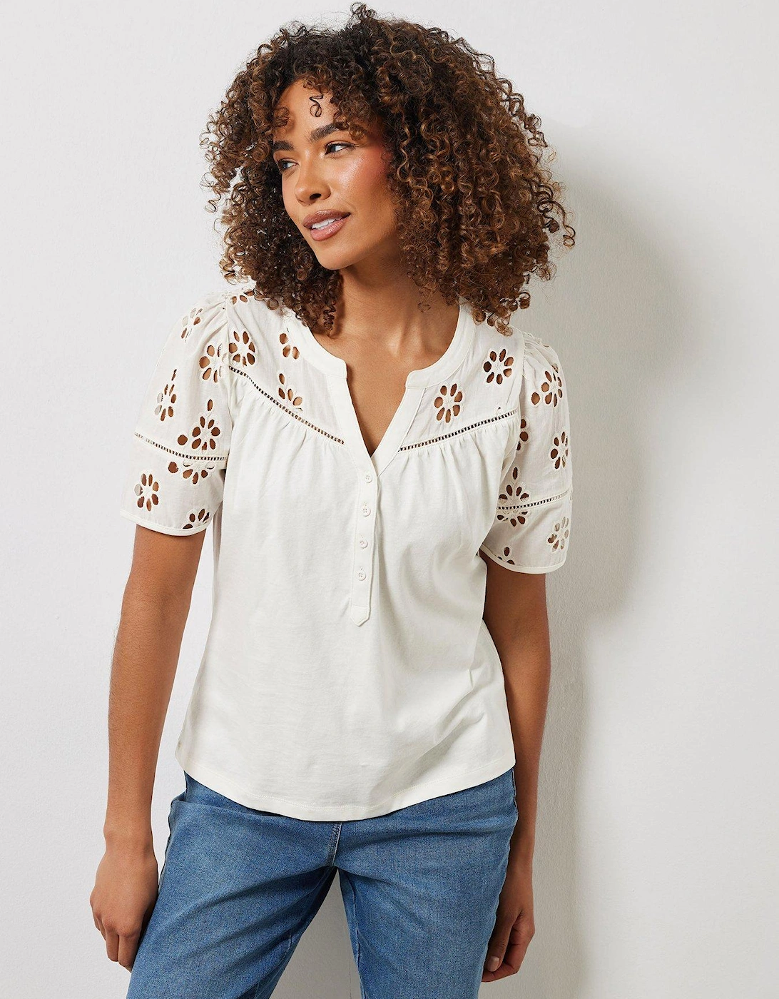 Woven Broderie Sleeve T-Shirt - White, 2 of 1