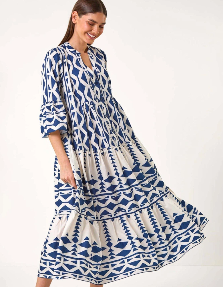 Aztec Print Tiered Midi Smock Dress