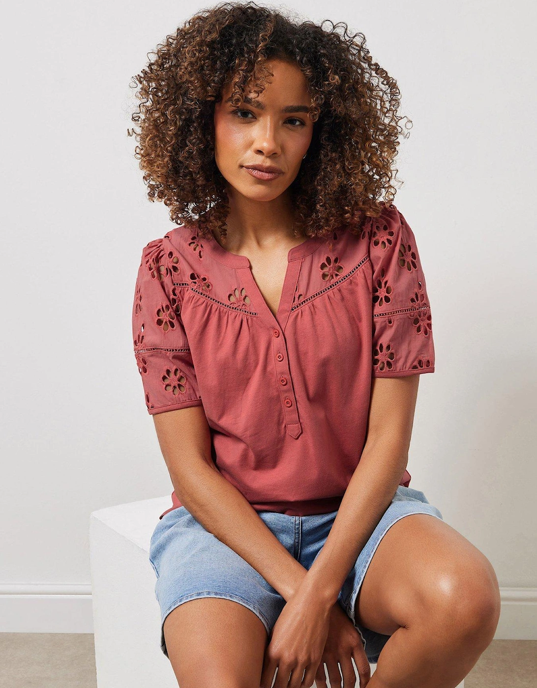 Woven Broderie Sleeve T-Shirt - Pink, 2 of 1