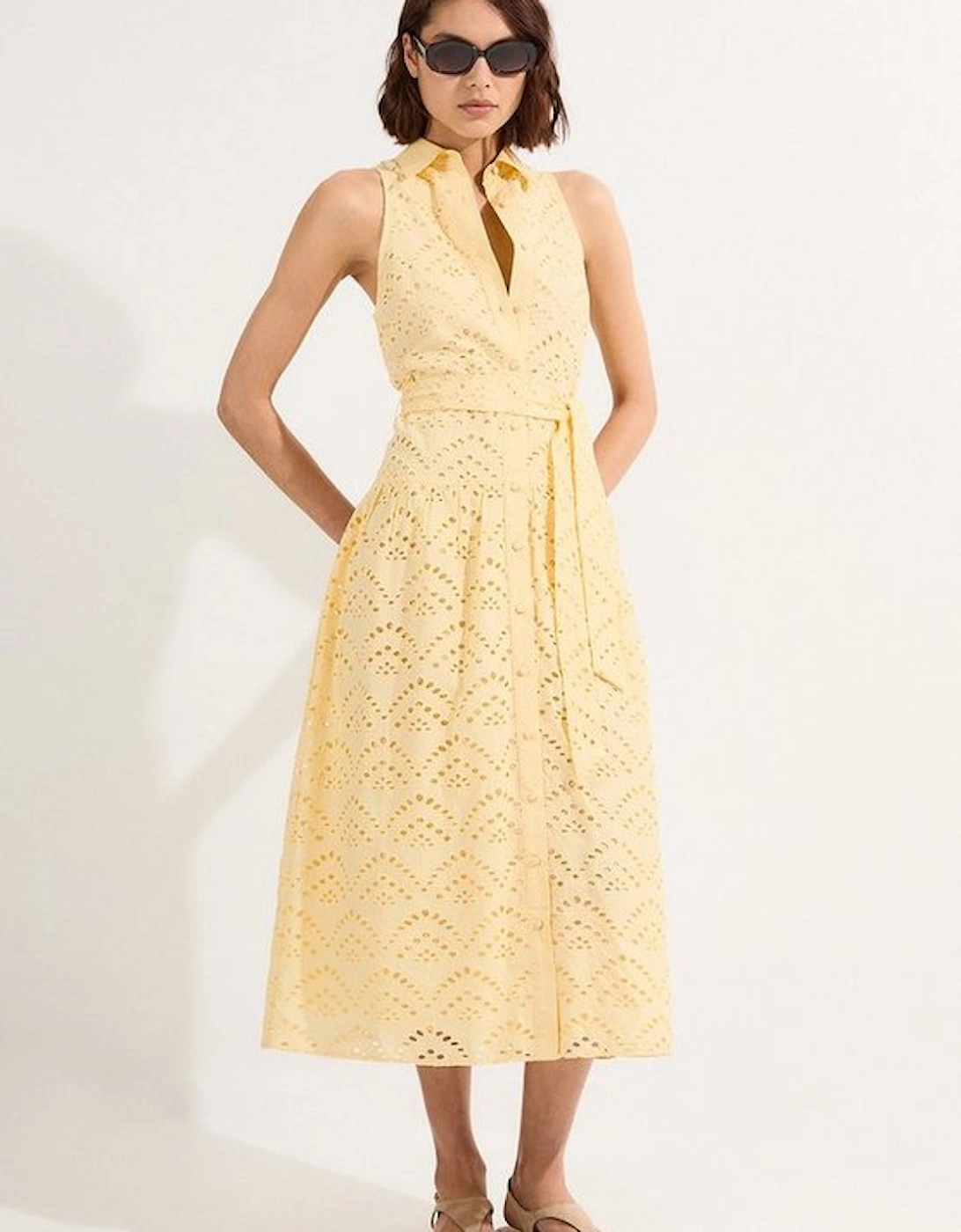 Cotton Broderie Belted Woven Maxi Shirt Dress, 4 of 3