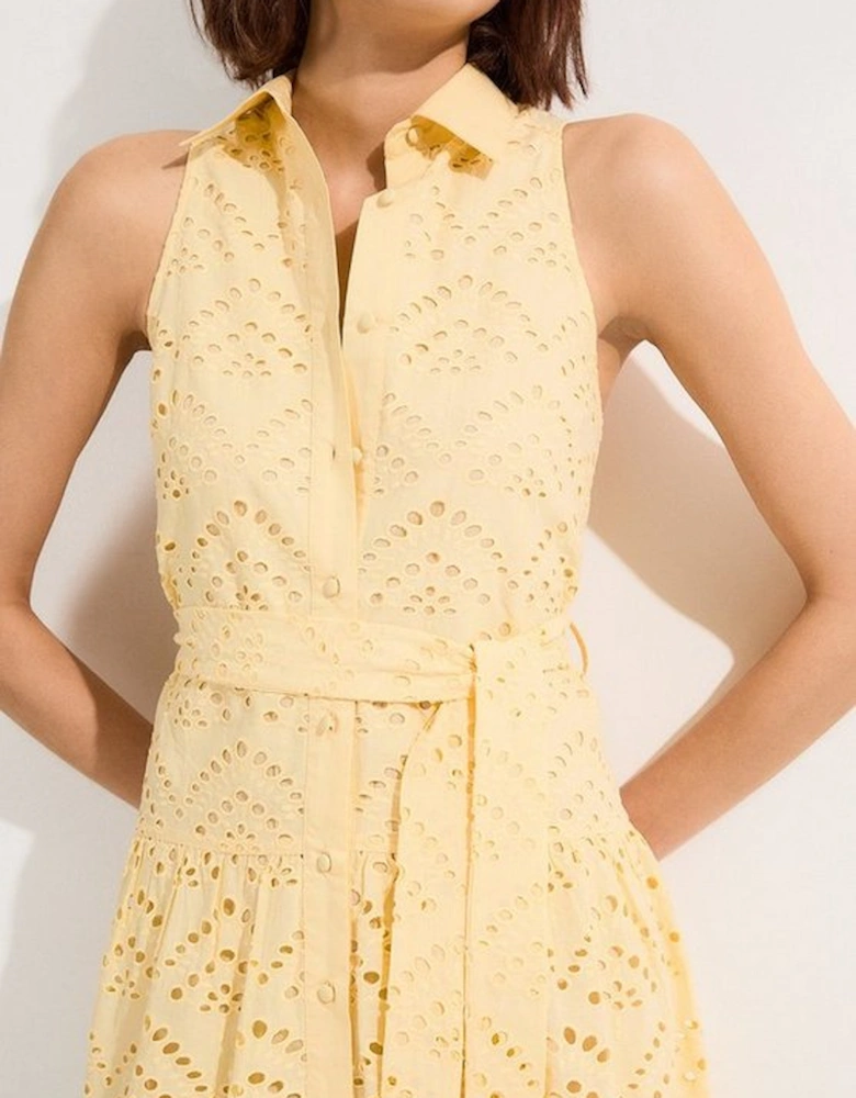 Cotton Broderie Belted Woven Maxi Shirt Dress
