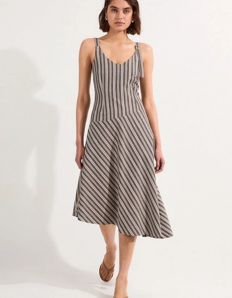Tailored Stripe Linen  Strappy Asymmetric Hem Midi Dress
