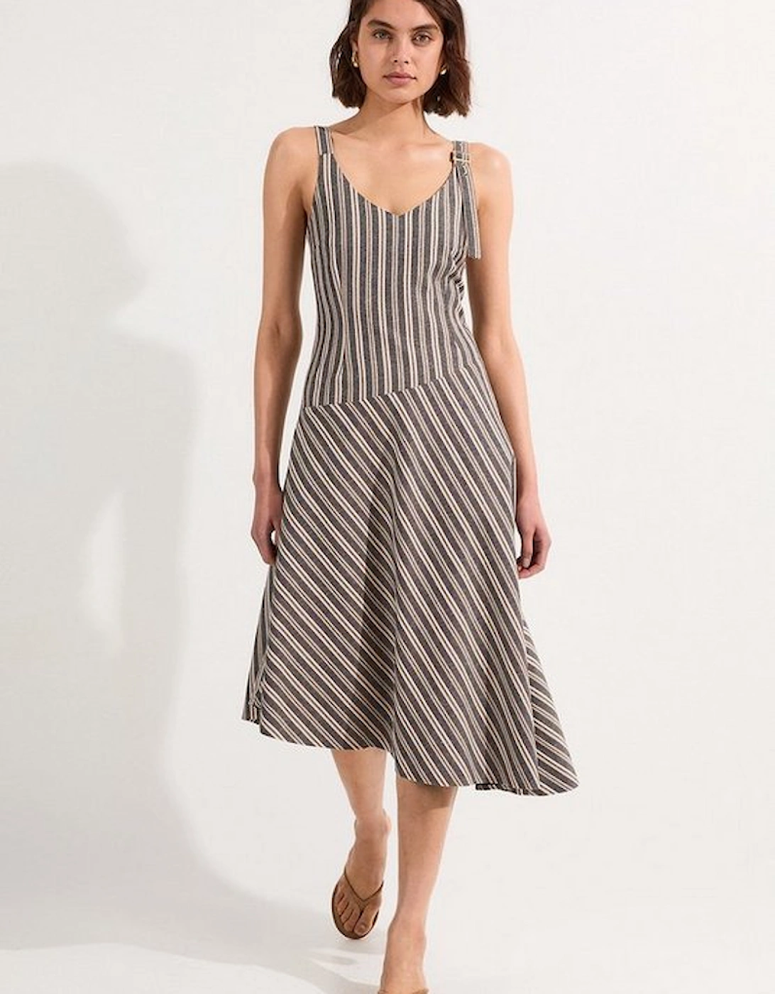 Tailored Stripe Linen  Strappy Asymmetric Hem Midi Dress, 4 of 3