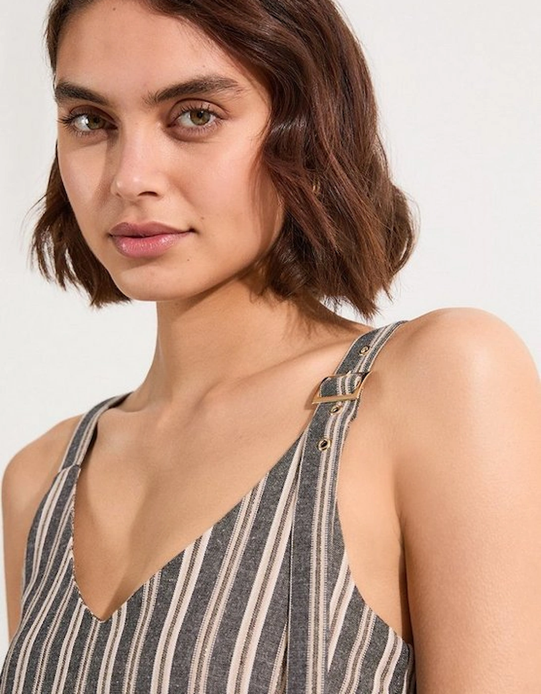 Tailored Stripe Linen  Strappy Asymmetric Hem Midi Dress