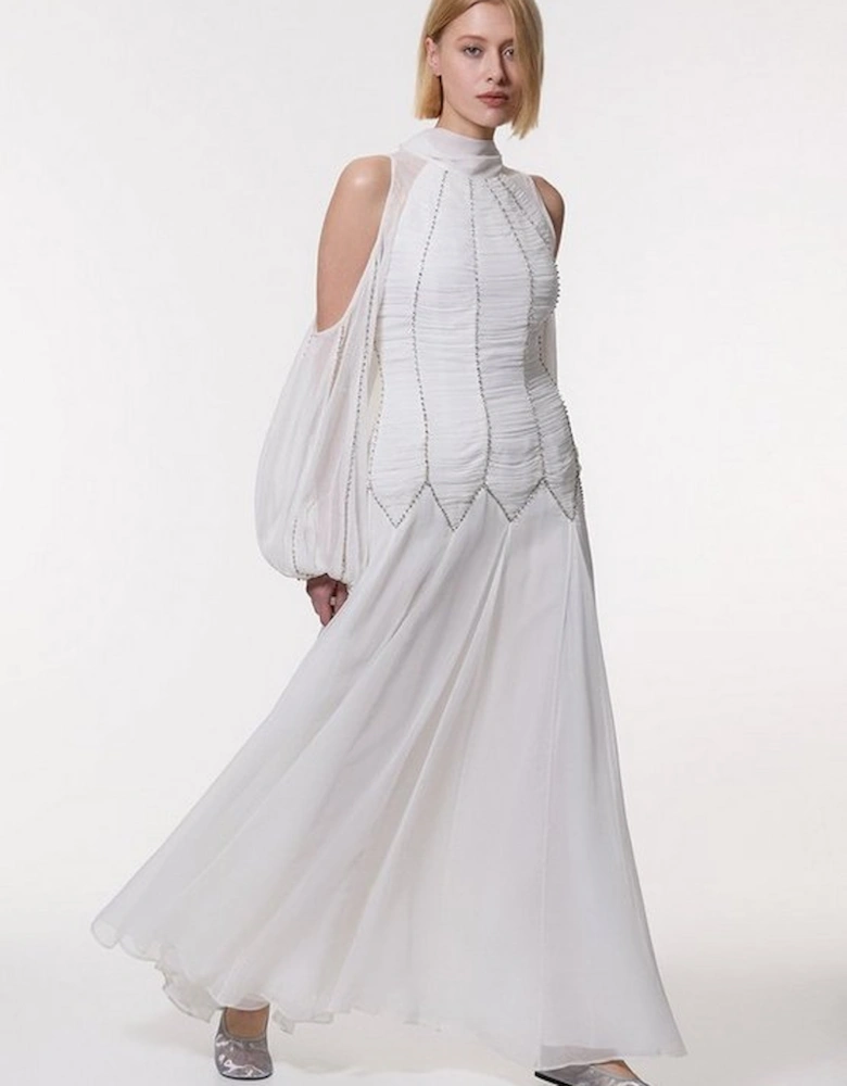 High Neck Embellished Ruched Georgette Woven Maxi Dress