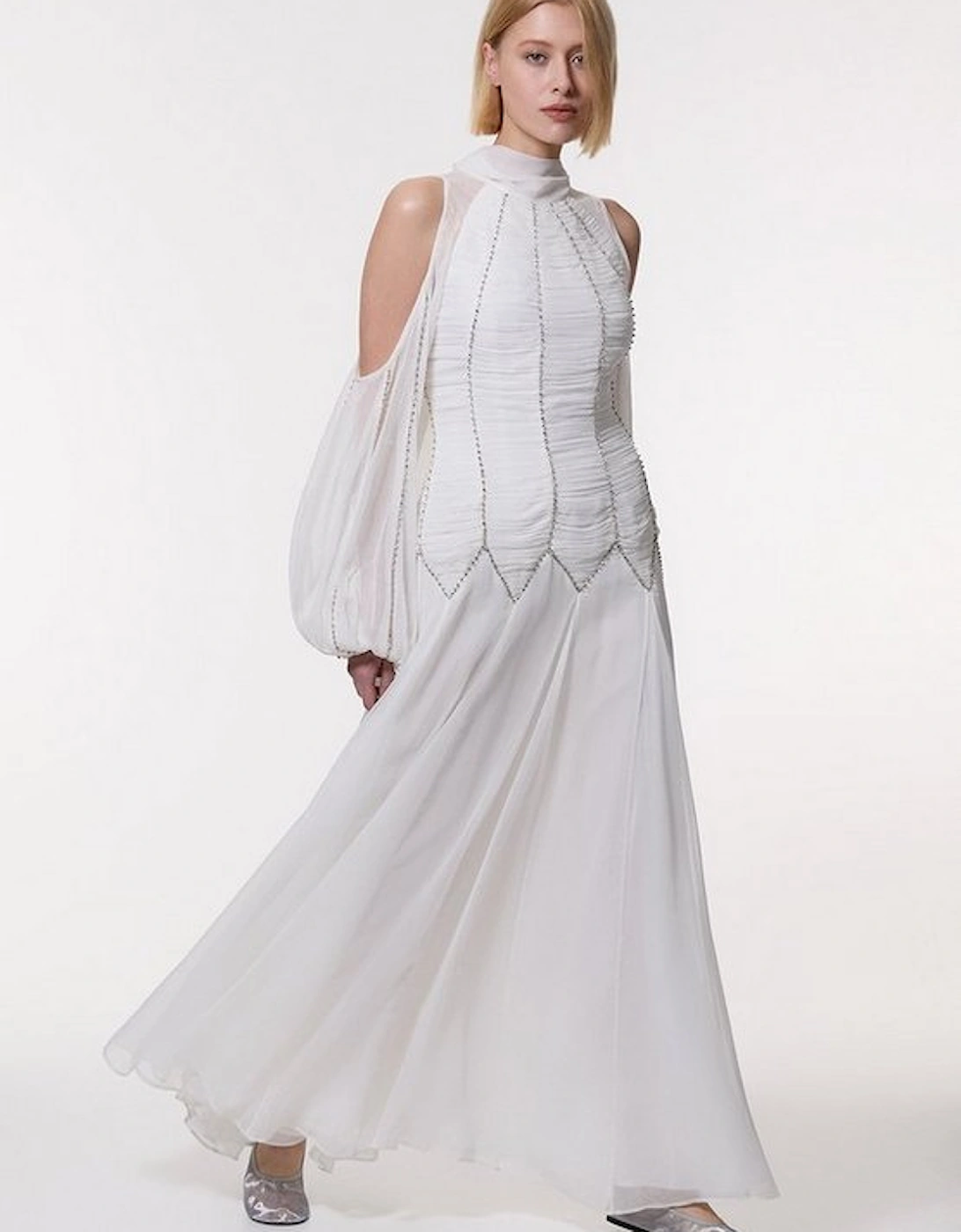 High Neck Embellished Ruched Georgette Woven Maxi Dress, 5 of 4
