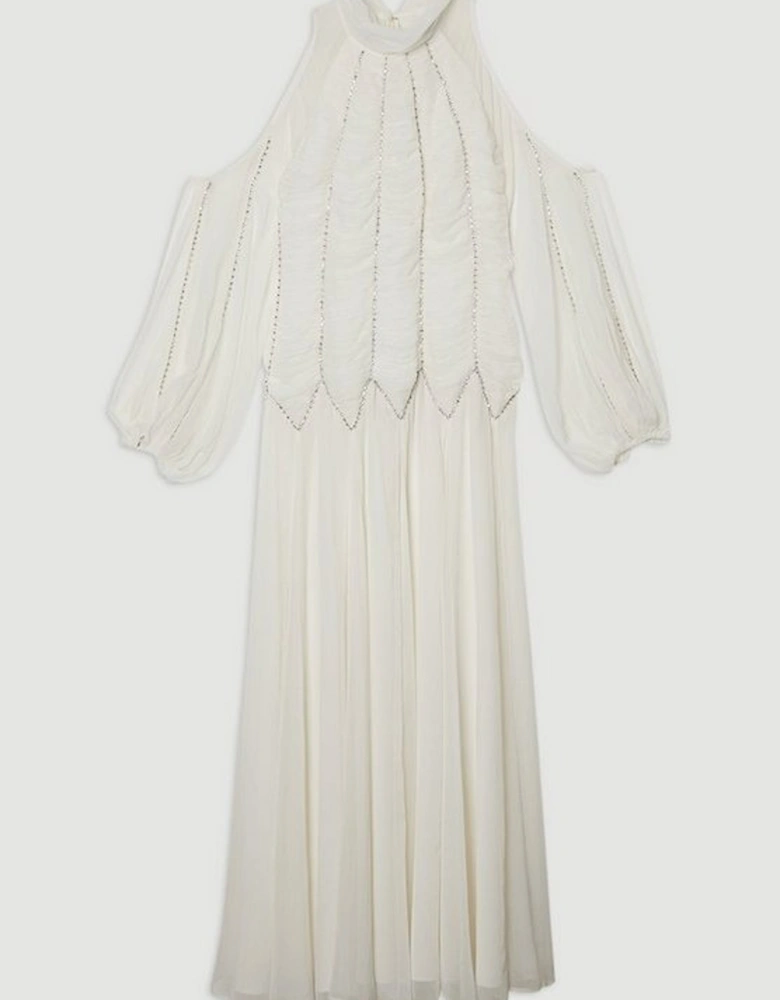 High Neck Embellished Ruched Georgette Woven Maxi Dress