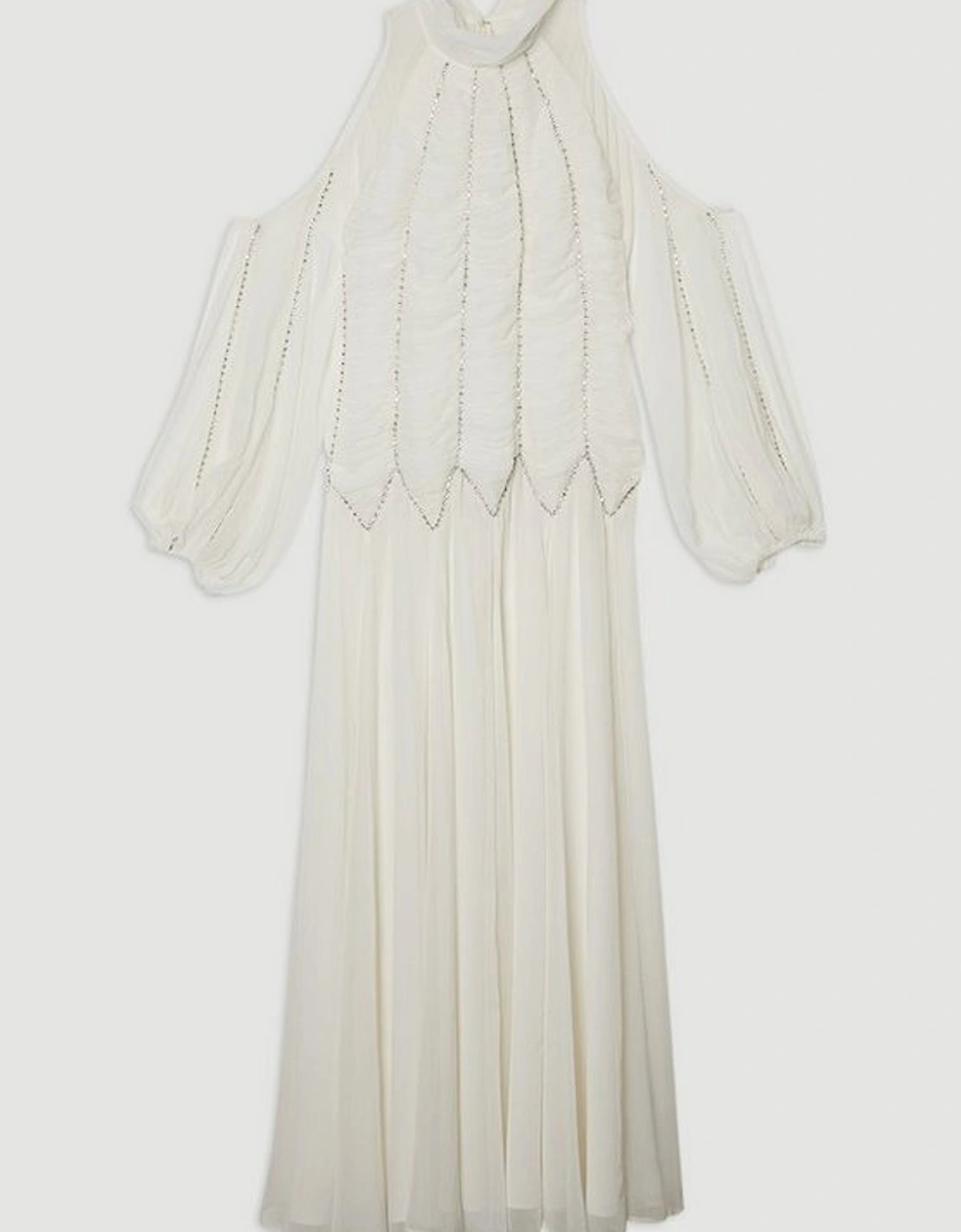 High Neck Embellished Ruched Georgette Woven Maxi Dress