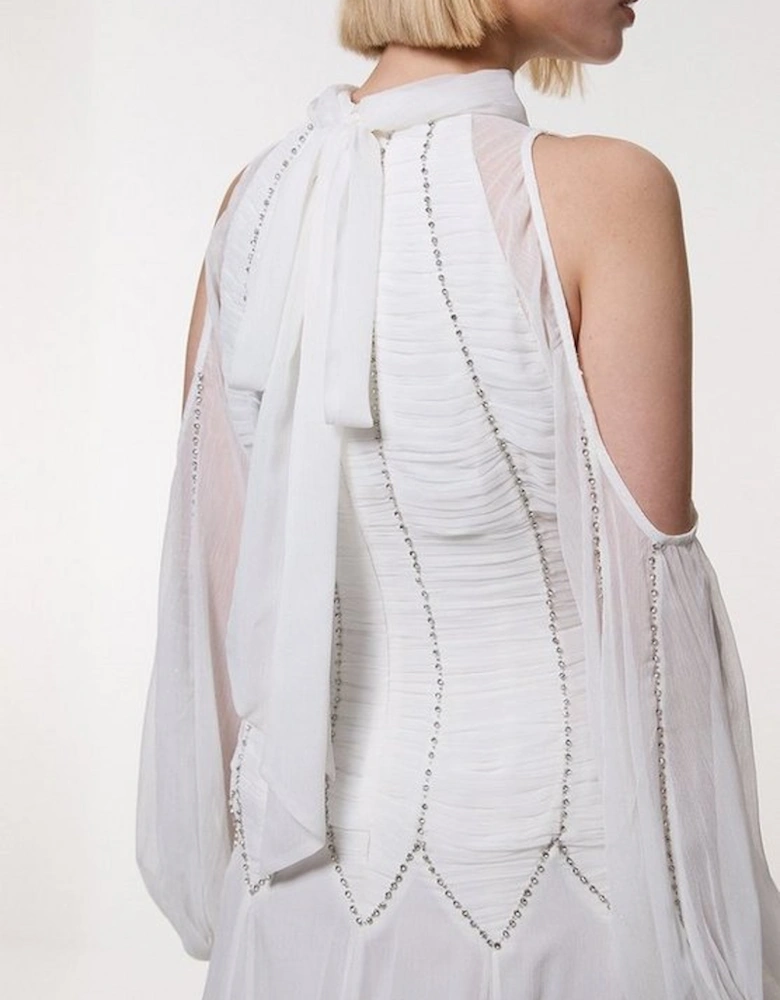High Neck Embellished Ruched Georgette Woven Maxi Dress
