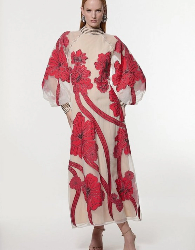 Applique Organdie Floral Graphic Woven Maxi Dress