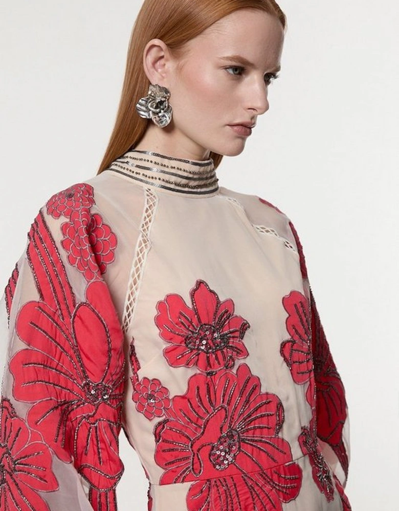 Applique Organdie Floral Graphic Woven Maxi Dress