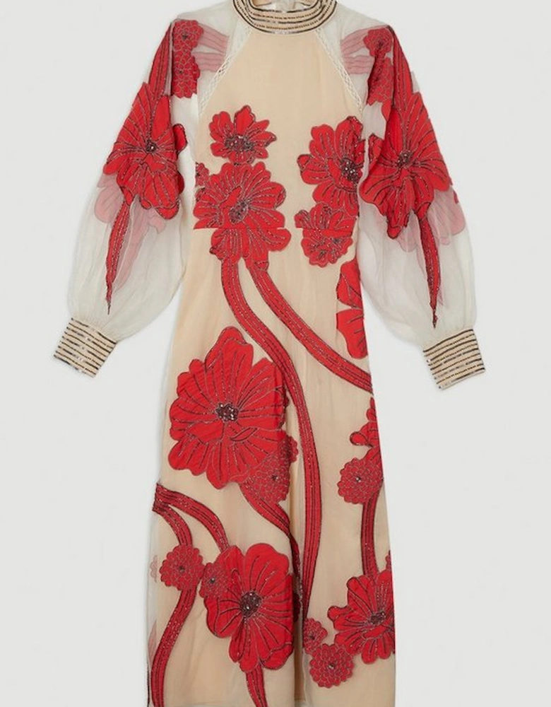 Applique Organdie Floral Graphic Woven Maxi Dress