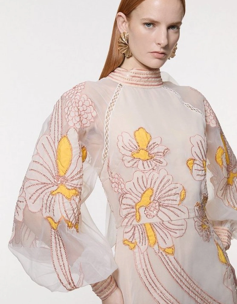 Applique Organdie Floral Graphic Woven Maxi Dress
