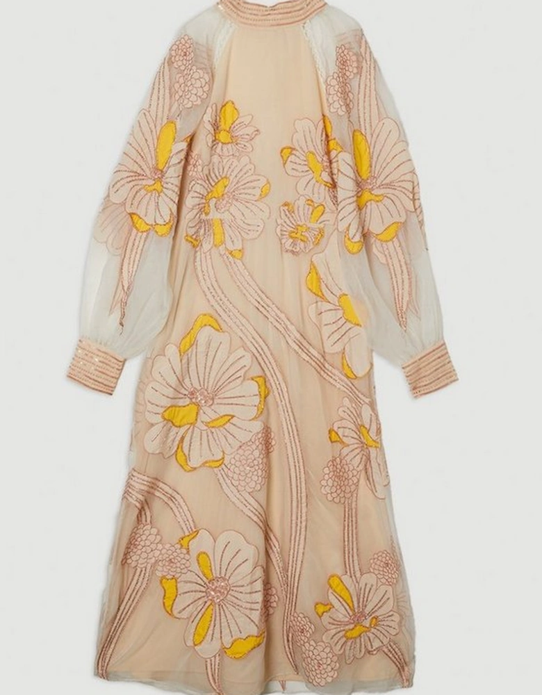 Applique Organdie Floral Graphic Woven Maxi Dress