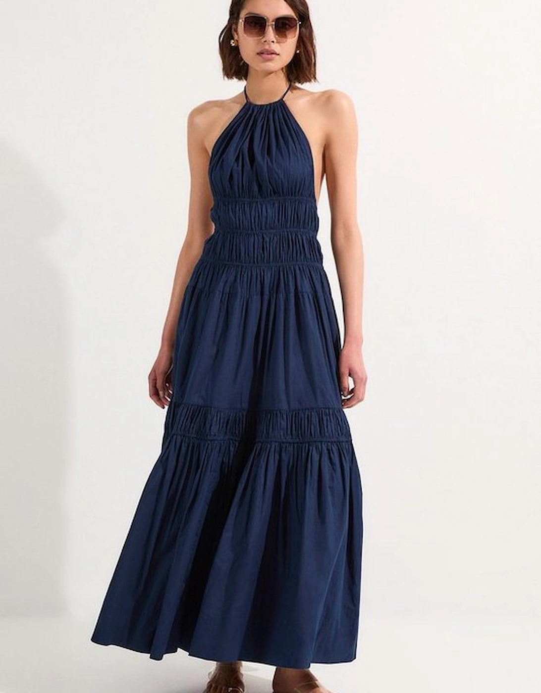 Shirred Cotton Tiered Halter Neck Woven Maxi Dress, 4 of 3