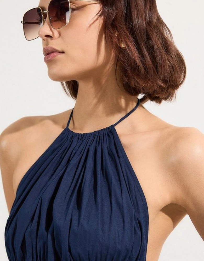 Shirred Cotton Tiered Halter Neck Woven Maxi Dress