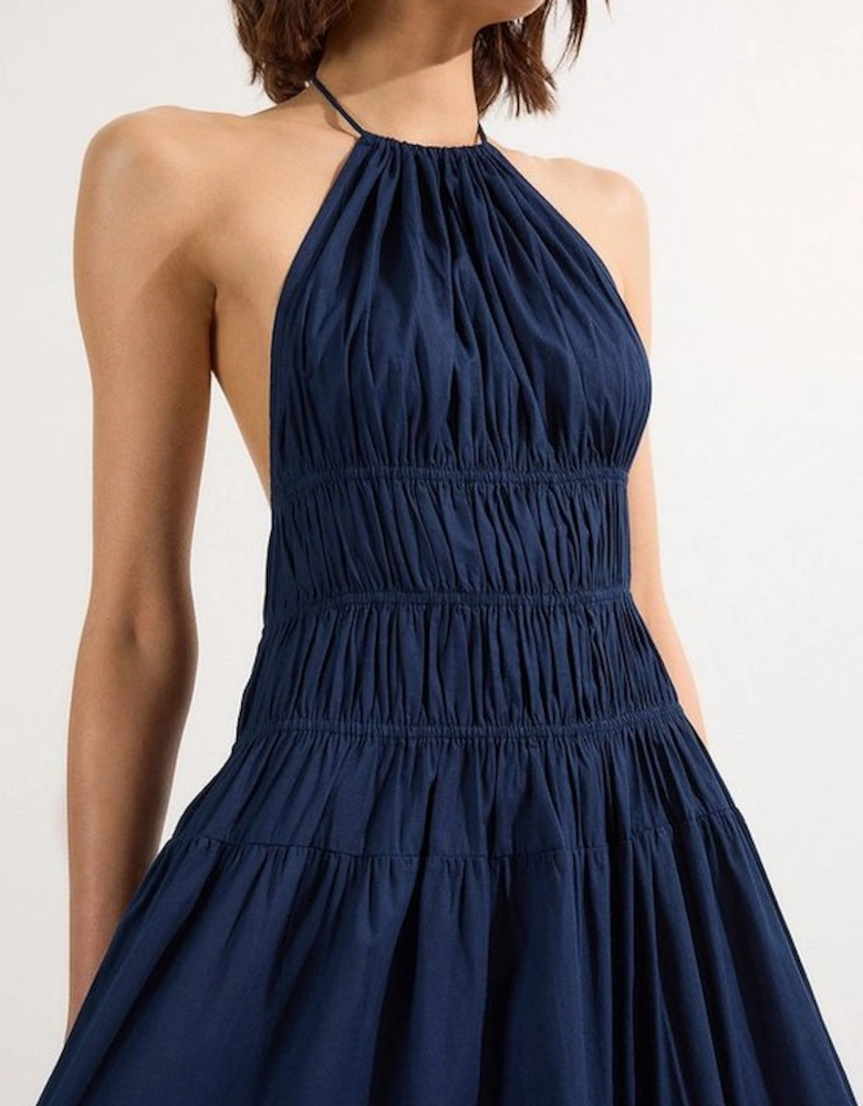 Shirred Cotton Tiered Halter Neck Woven Maxi Dress
