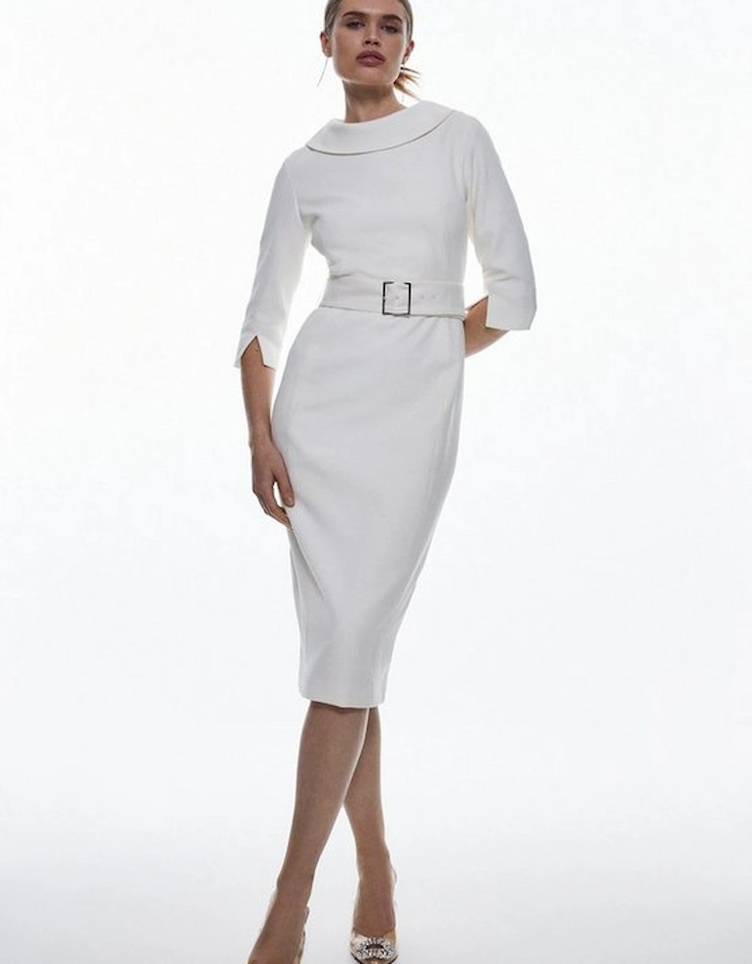 Tailored Structured Crepe Roll Neck Pencil Midi Dress, 4 of 3