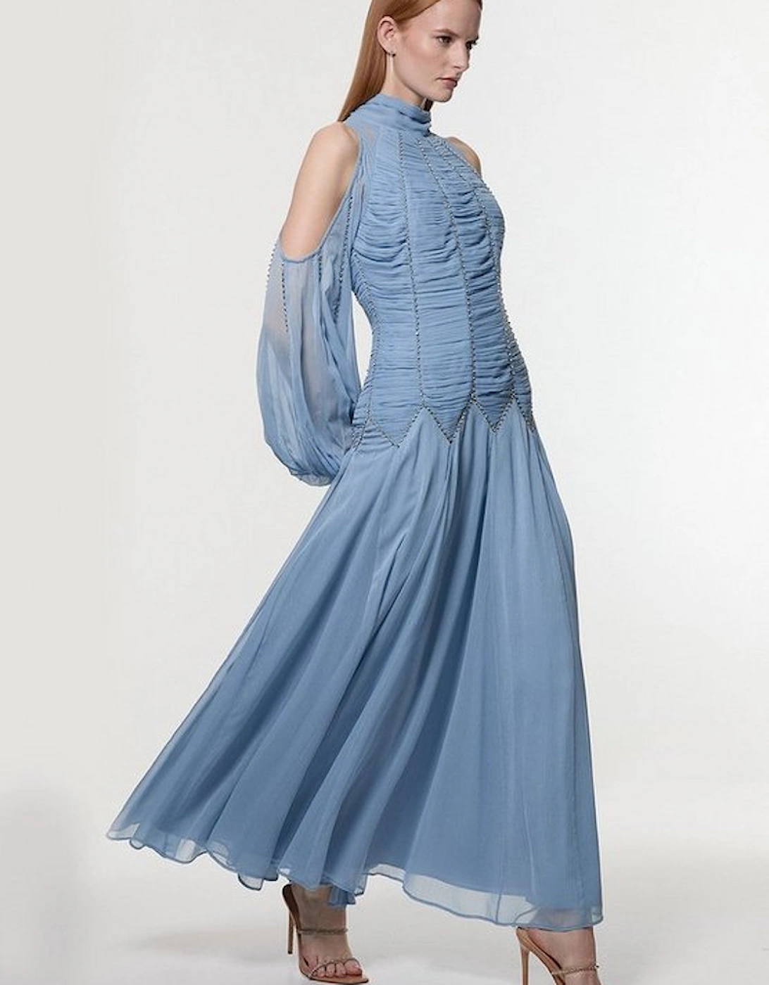 High Neck Embellished Ruched Georgette Woven Maxi Dress, 5 of 4