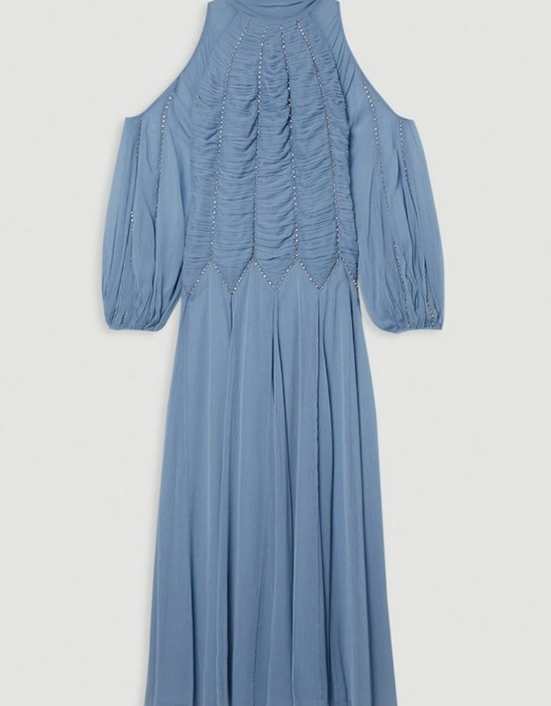 High Neck Embellished Ruched Georgette Woven Maxi Dress