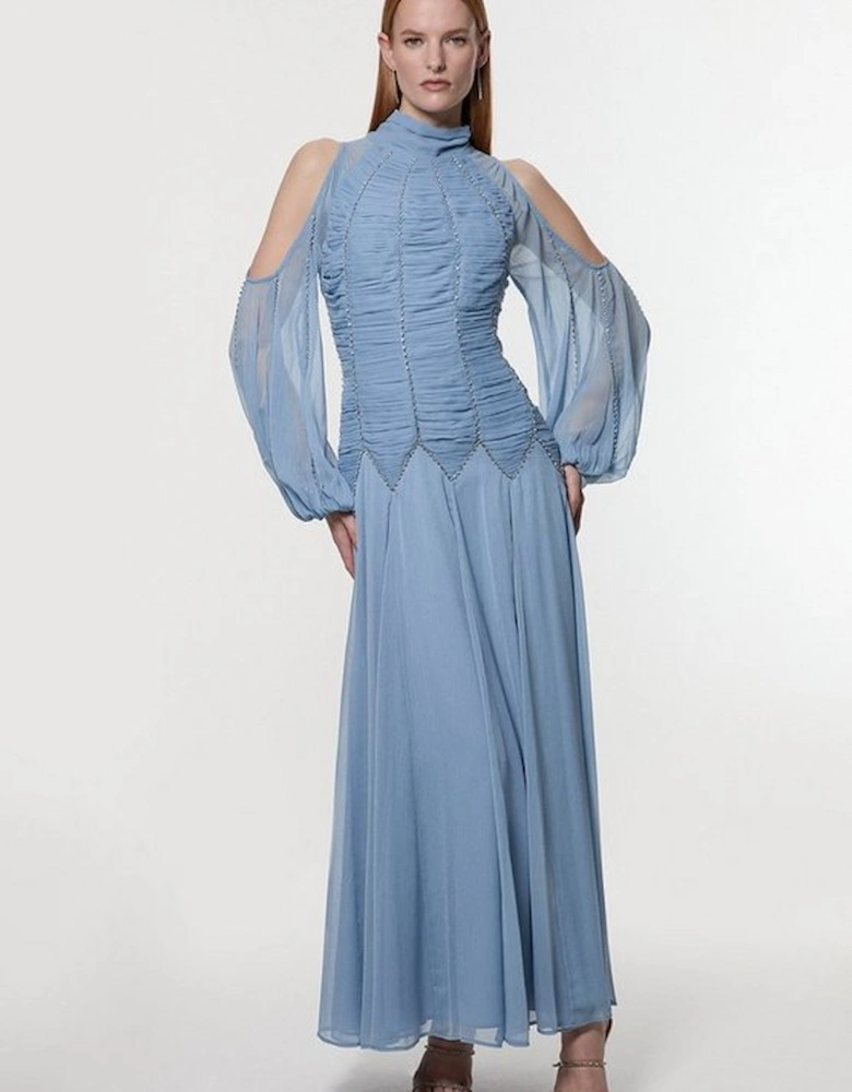 High Neck Embellished Ruched Georgette Woven Maxi Dress