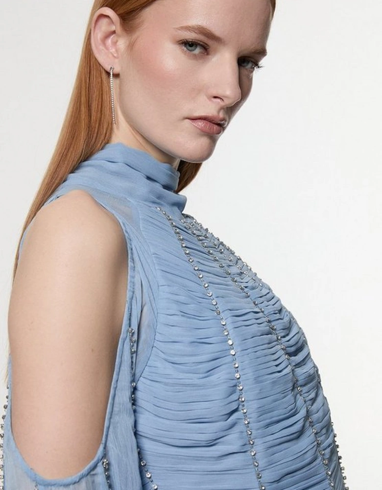 High Neck Embellished Ruched Georgette Woven Maxi Dress