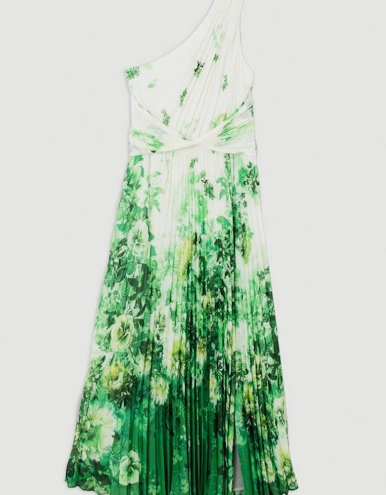 Ombre Floral Soft Pleated One Shoulder Woven Maxi Dress