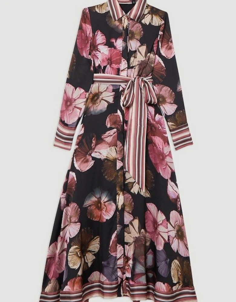 Floral Border Print Woven Belted Midaxi Dress
