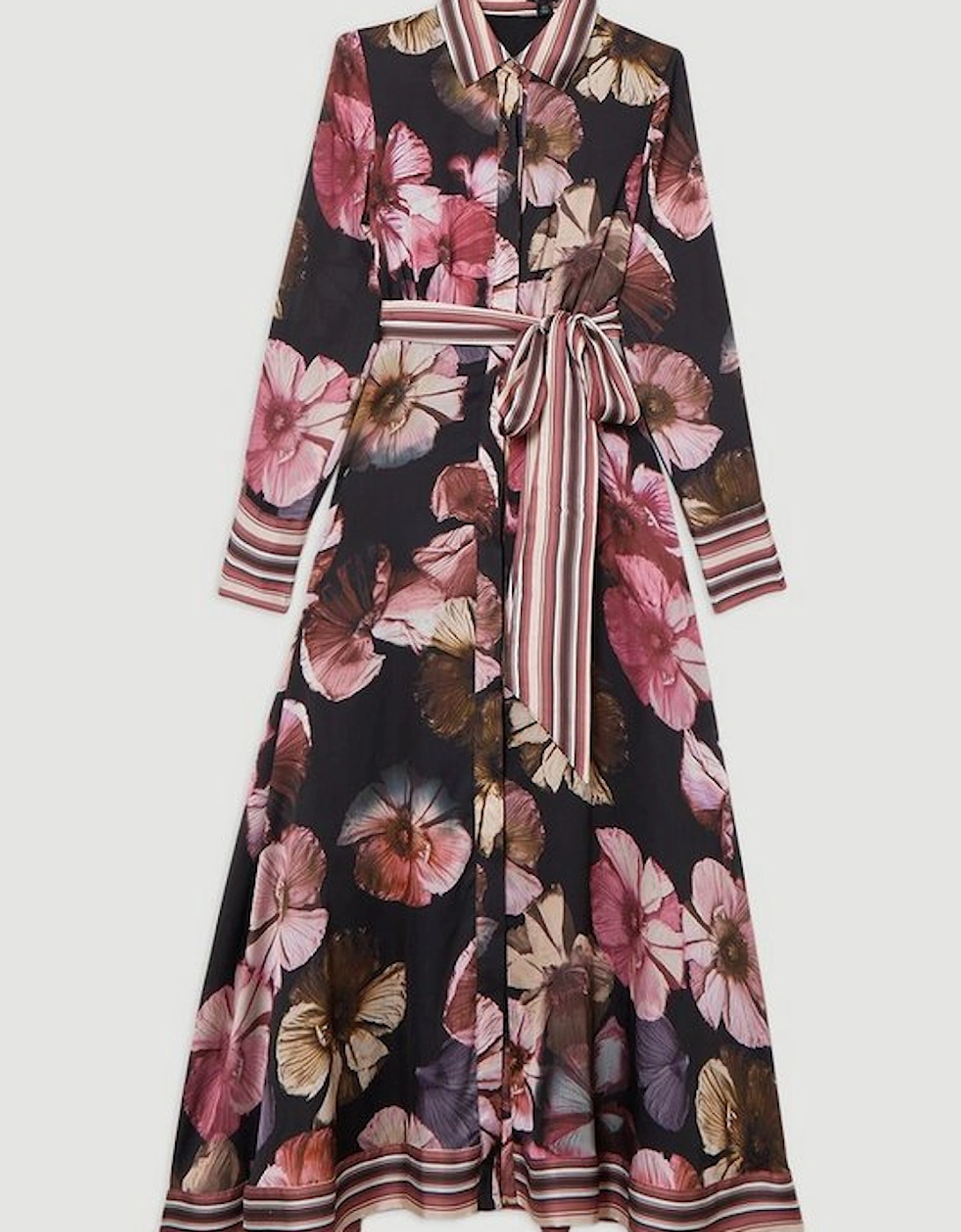 Floral Border Print Woven Belted Midaxi Dress