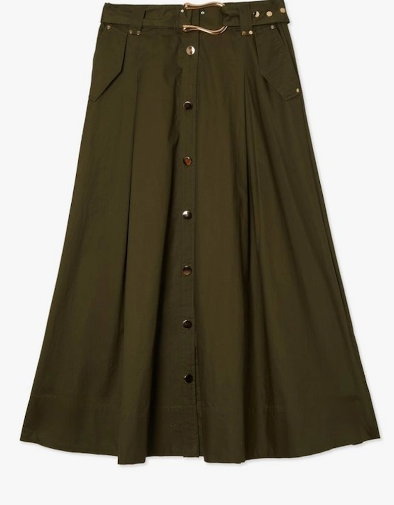 Cotton Sateen Belt Detail Midi Skirt
