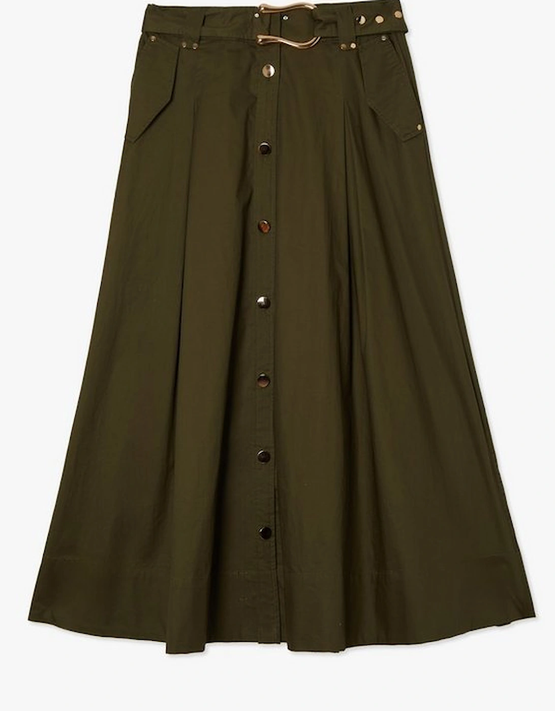 Cotton Sateen Belt Detail Midi Skirt